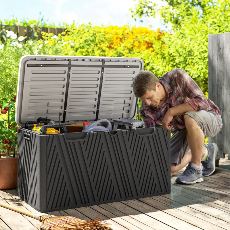  380L Waterproof Outdoor Garden Storage Box with Gas Strut & Lockable Lid - Black