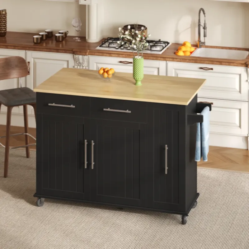 Kitchen Island with Drop Leaf, 3-Tier Pull-Out Organiser & 2 Drawers - Black