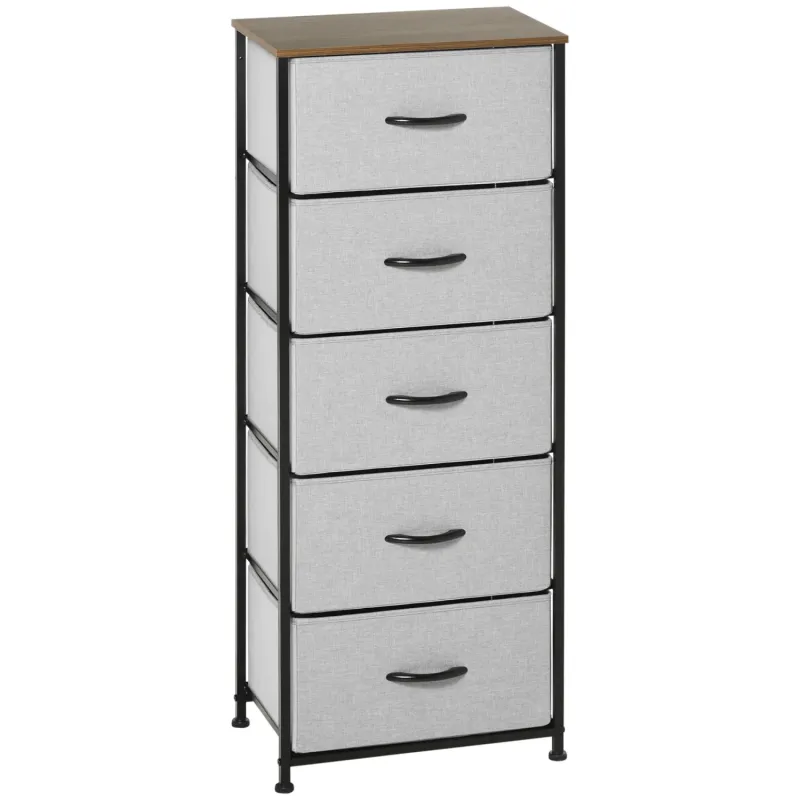 5 Drawer Fabric Chest of Drawers with Wood-Effect Top - Grey