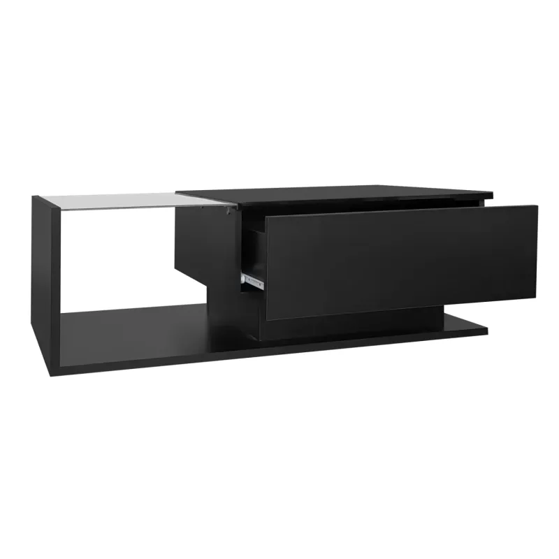 Modern High Gloss LED Coffee Table with Storage Drawer & Glass Top - Black