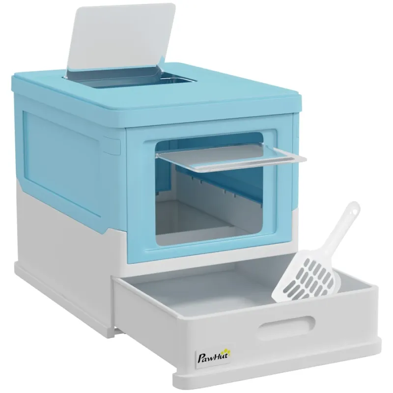 Hooded Cat Litter Box with Top Exit and Scoop - Light Blue