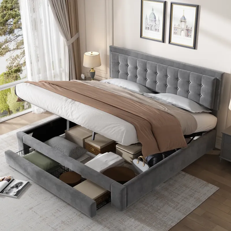 Velvet Upholstered Ottoman Storage Bed with Adjustable Headboard, Grey, Super King