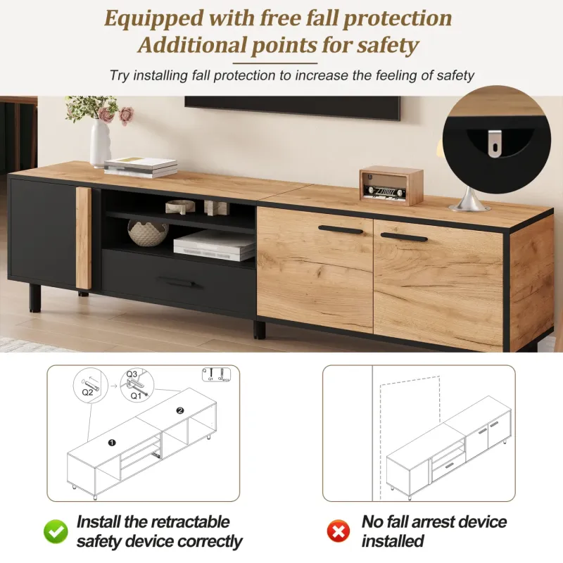 Engineered Wood TV Stand, 180cm, in Oak & Black, with 3 Doors and Drawer