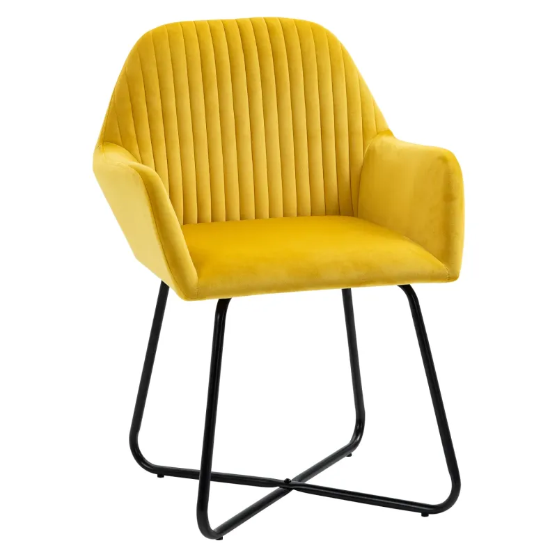 Velvet-Feel Accent Armchair, in Yellow, with Metal Criss-Cross Base