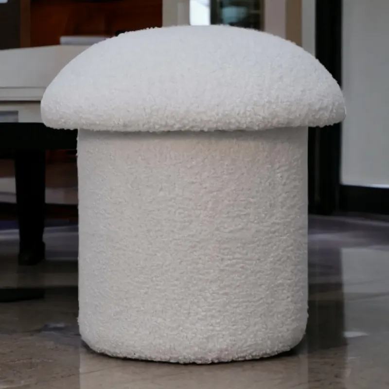 Solid Wood White Boucle Mushroom Footstool