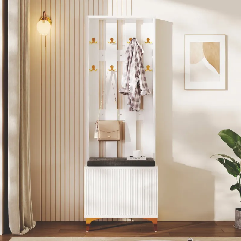Modern White Hallway Wardrobe Set with Shoe Bench and Gold Accents
