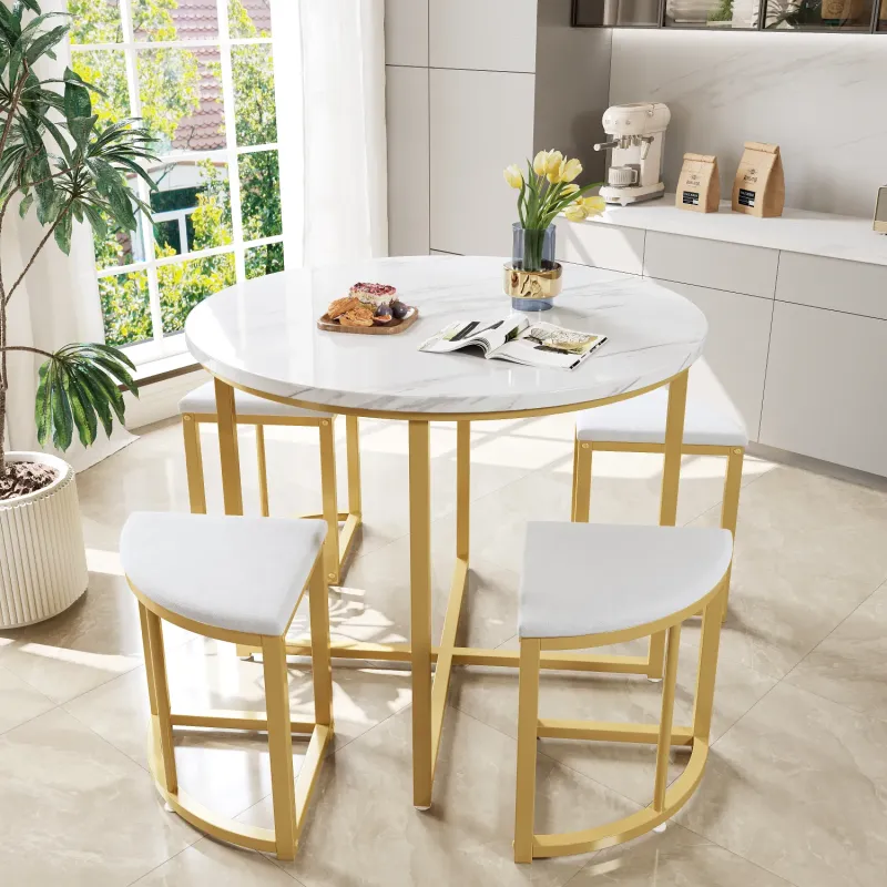 Modern 80cm Round Dining Table and 4 Velvet Chairs Set – Space Saving White & Gold