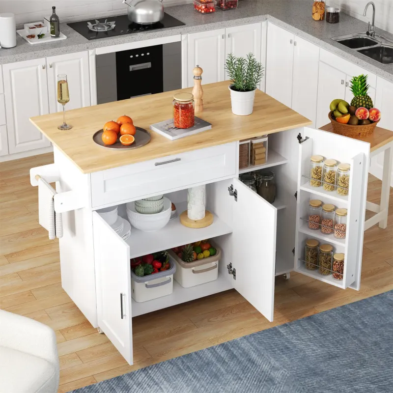Large Mobile Kitchen Island with Extendable Oak Grain Worktop