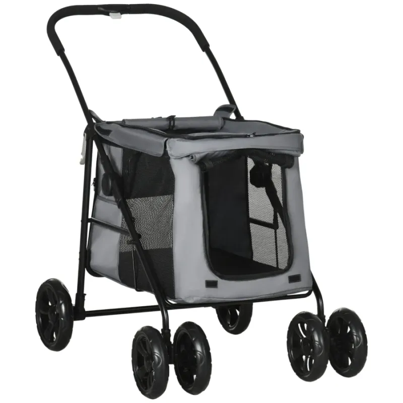 Foldable One-Click Pet Stroller with Mesh Windows - Grey