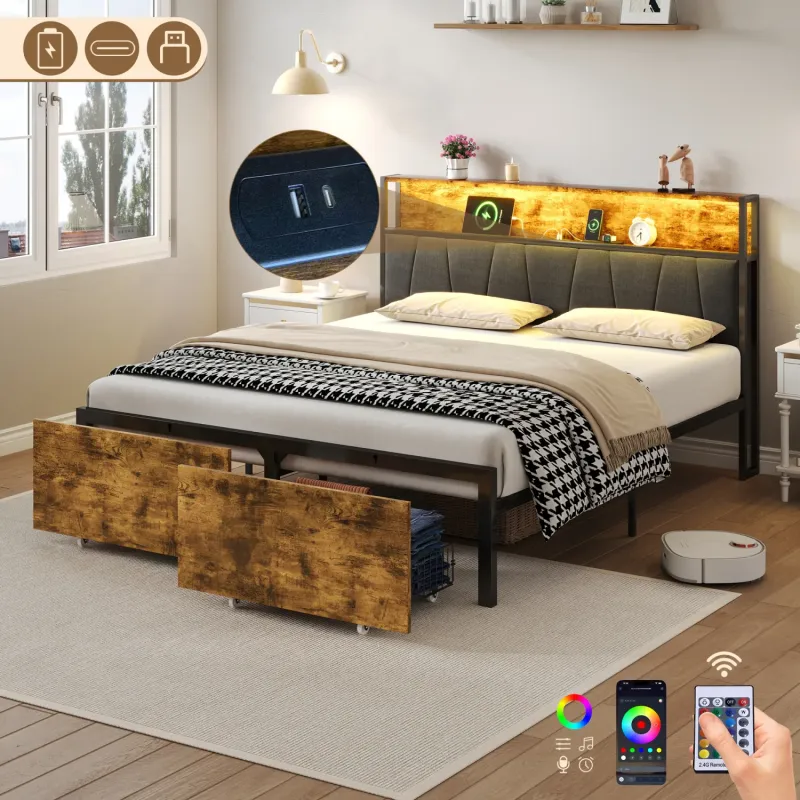4ft6 Double Storage Bed Frame with RGB LED Headboard & Charging Station - Black & Walnut