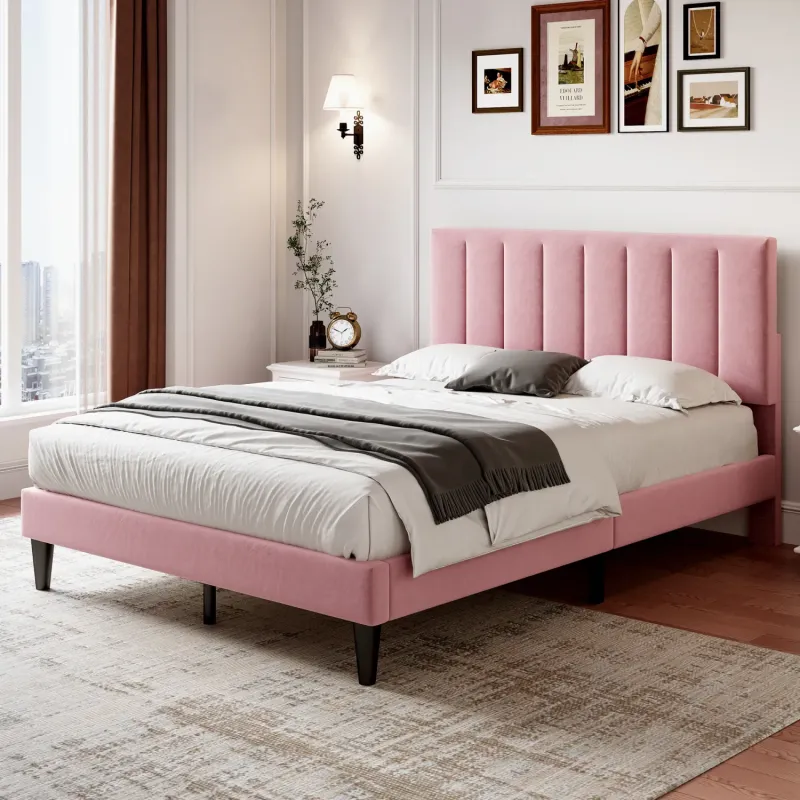 Double Pink Velvet Bed Frame with Adjustable Channel Tufted Headboard