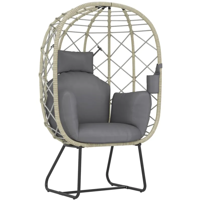 Freestanding Rattan Egg Chair with Cup Holder and Thickened Cushion - Grey