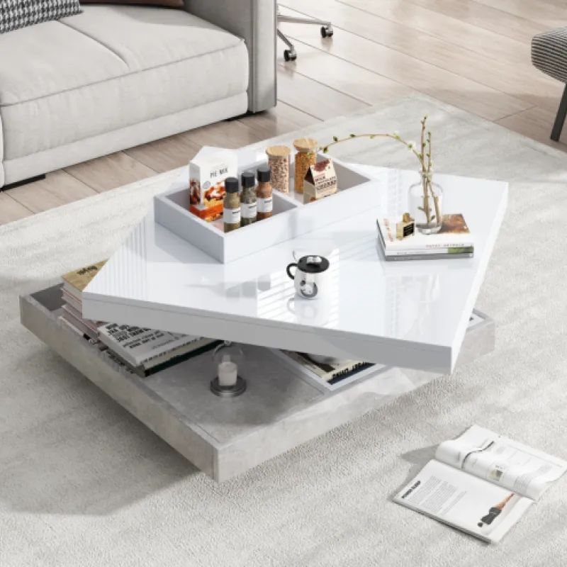 Square Coffee Table, High-Gloss and Marble-Effect in White, with 360° Rotating Top