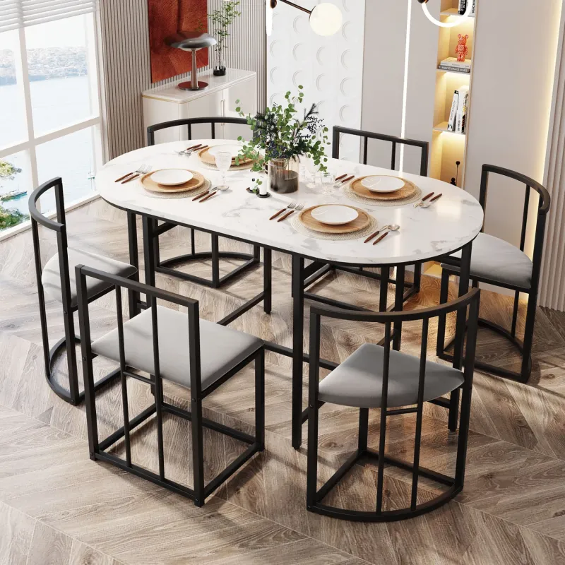 Modern 7-Piece Dining Set with White Table and 6 Grey Velvet Chairs