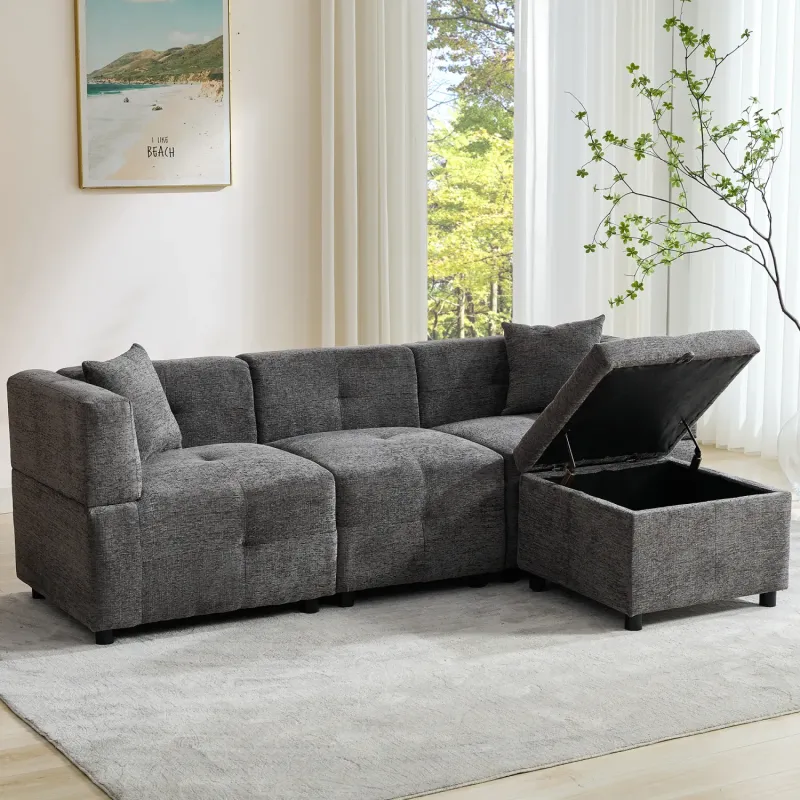 Grey Fabric 3-Seater L-Shaped Corner Sofa with Reversible Storage Ottoman