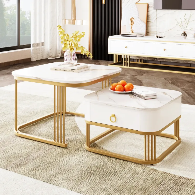 White Marble Effect Nesting Coffee Table Set with Gold Metal Frame and Storage Drawer