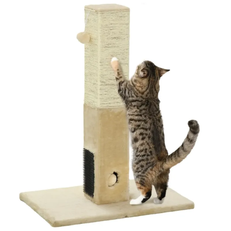 Jute Cat Scratching Post with Grooming Brushes and Toys - Beige