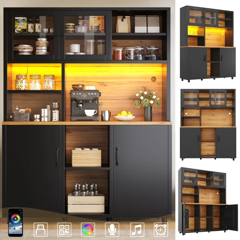 140cm Kitchen Larder Cupboard with App-Controlled LED Lighting and Glass Doors - Black