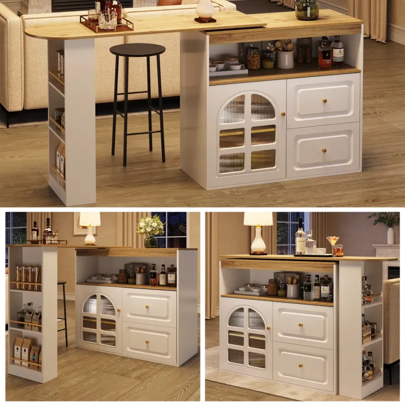 Extendable Rotating Sideboard Cabinet with Curved Glass Door and 2 Drawers - White