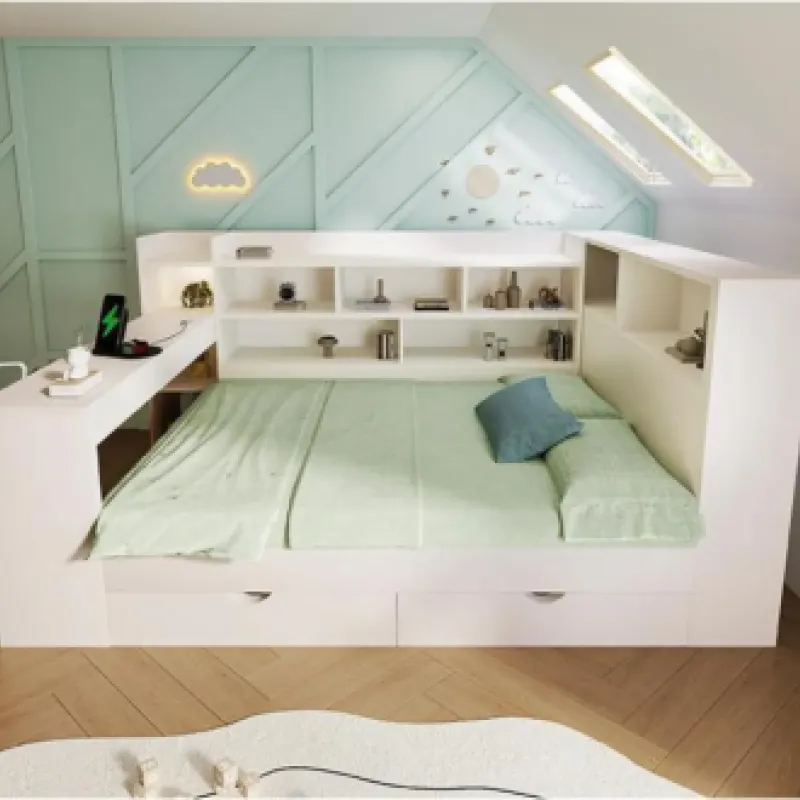 Double Daybed with Integrated Desk and Underbed Storage, White