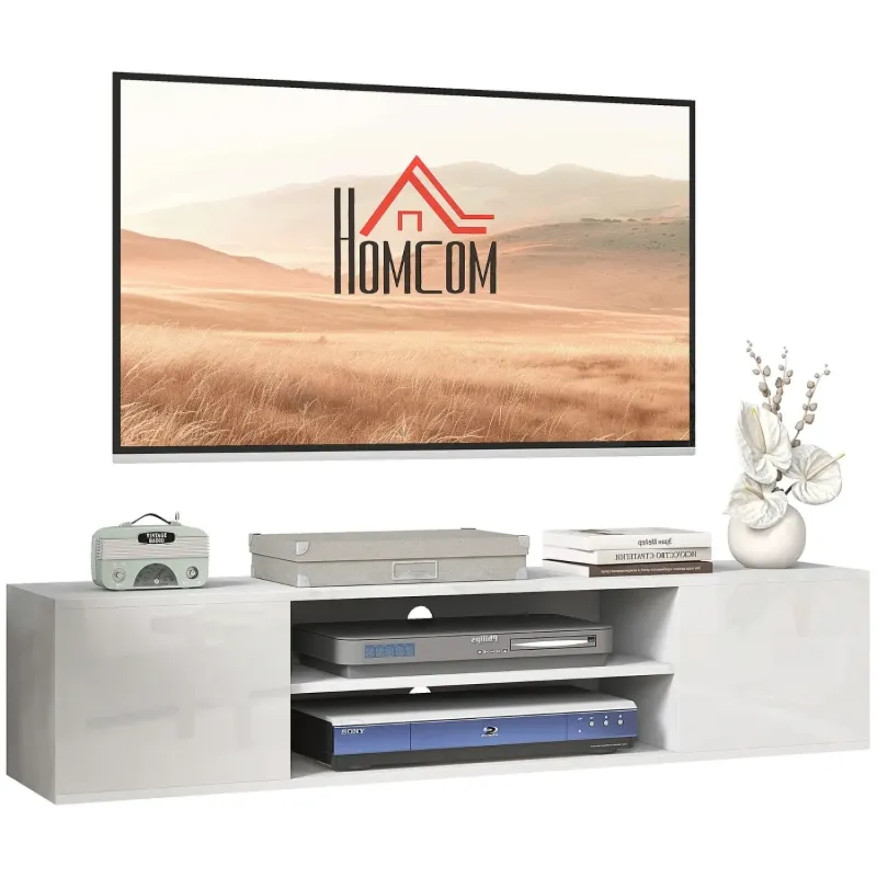 High Gloss Floating TV Stand, 140cm, in White, with Storage Cupboards & Open Shelves