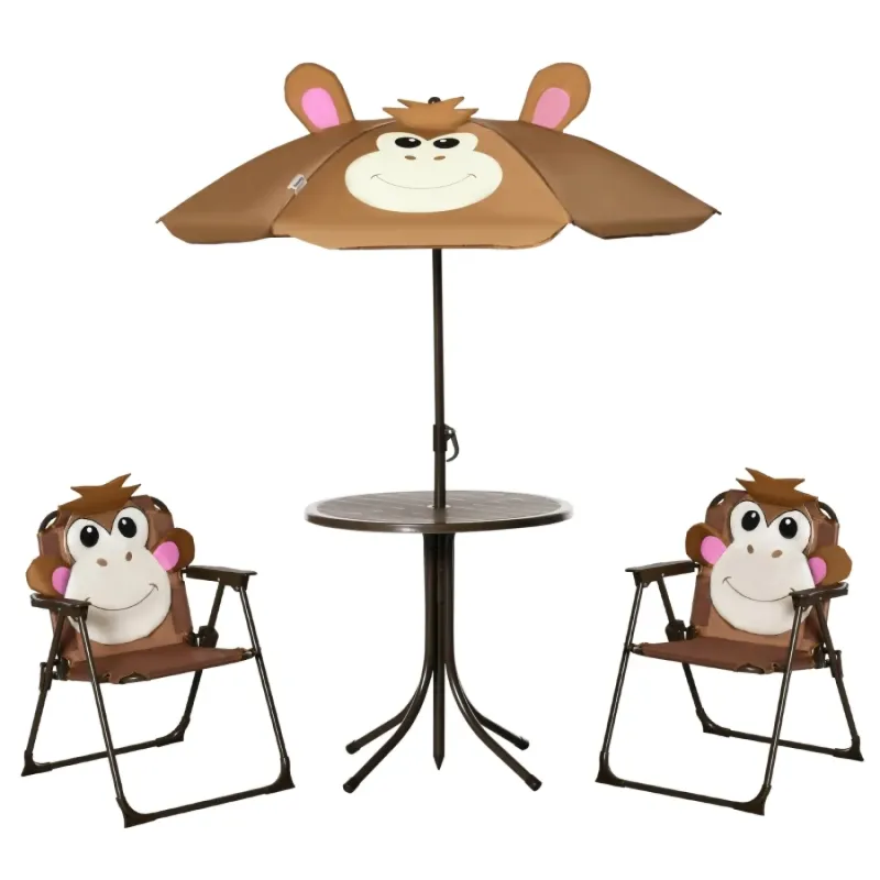 Kids 4 Piece Garden Bistro Set with Adjustable Umbrella - Monkey Design Brown