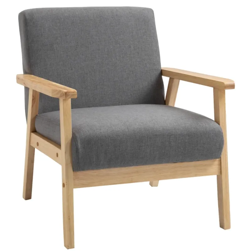 Minimalist Wooden Accent Chair with Padded Grey Linen Seat