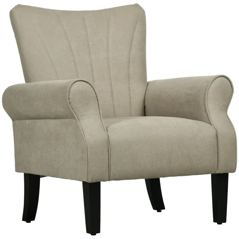 Linen-Look Wingback Accent Chair, in Beige, with Rolled Arms and Wood Legs