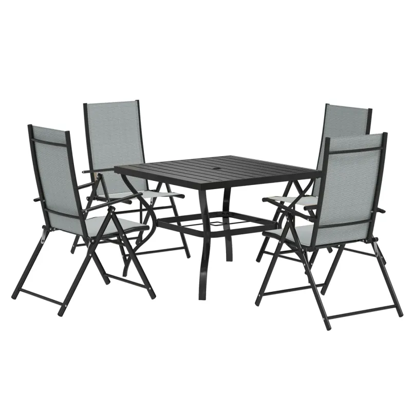  5-Piece Steel Garden Dining Set with Folding Chairs and Parasol Hole - Grey/Black