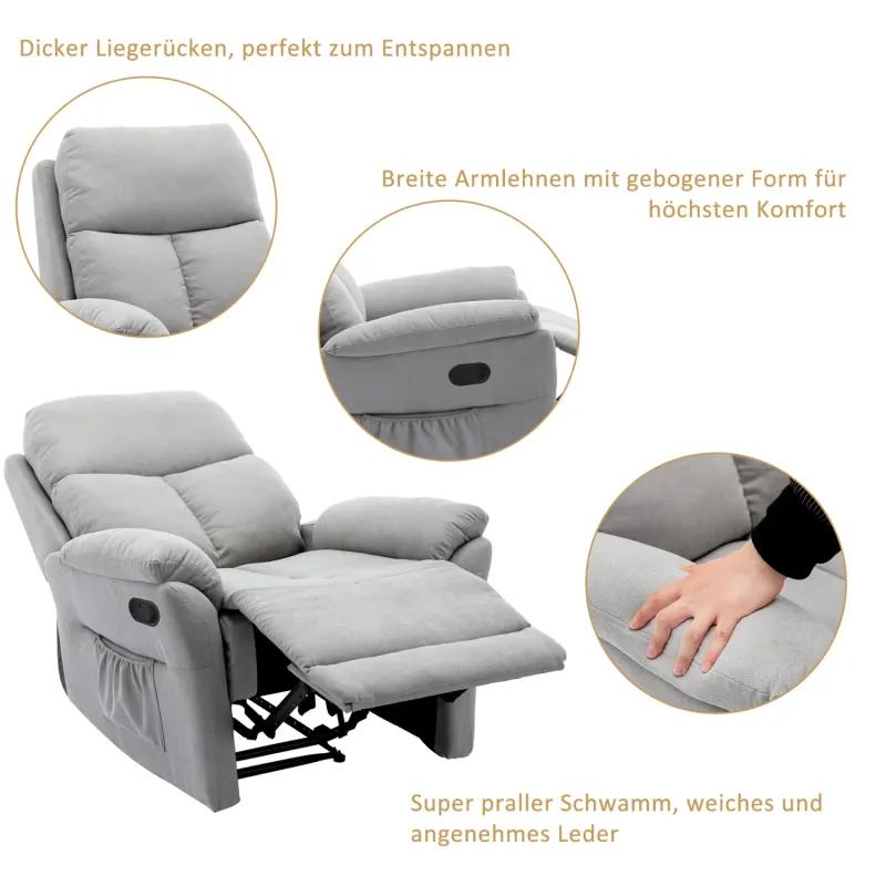Grey Fabric Manual Recliner Armchair with Side Pocket and Padded Support