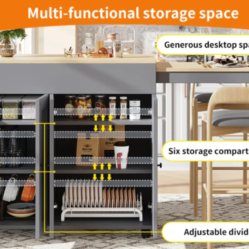 Modern Extendable Bar Table with 6 Storage Shelves - White and Grey