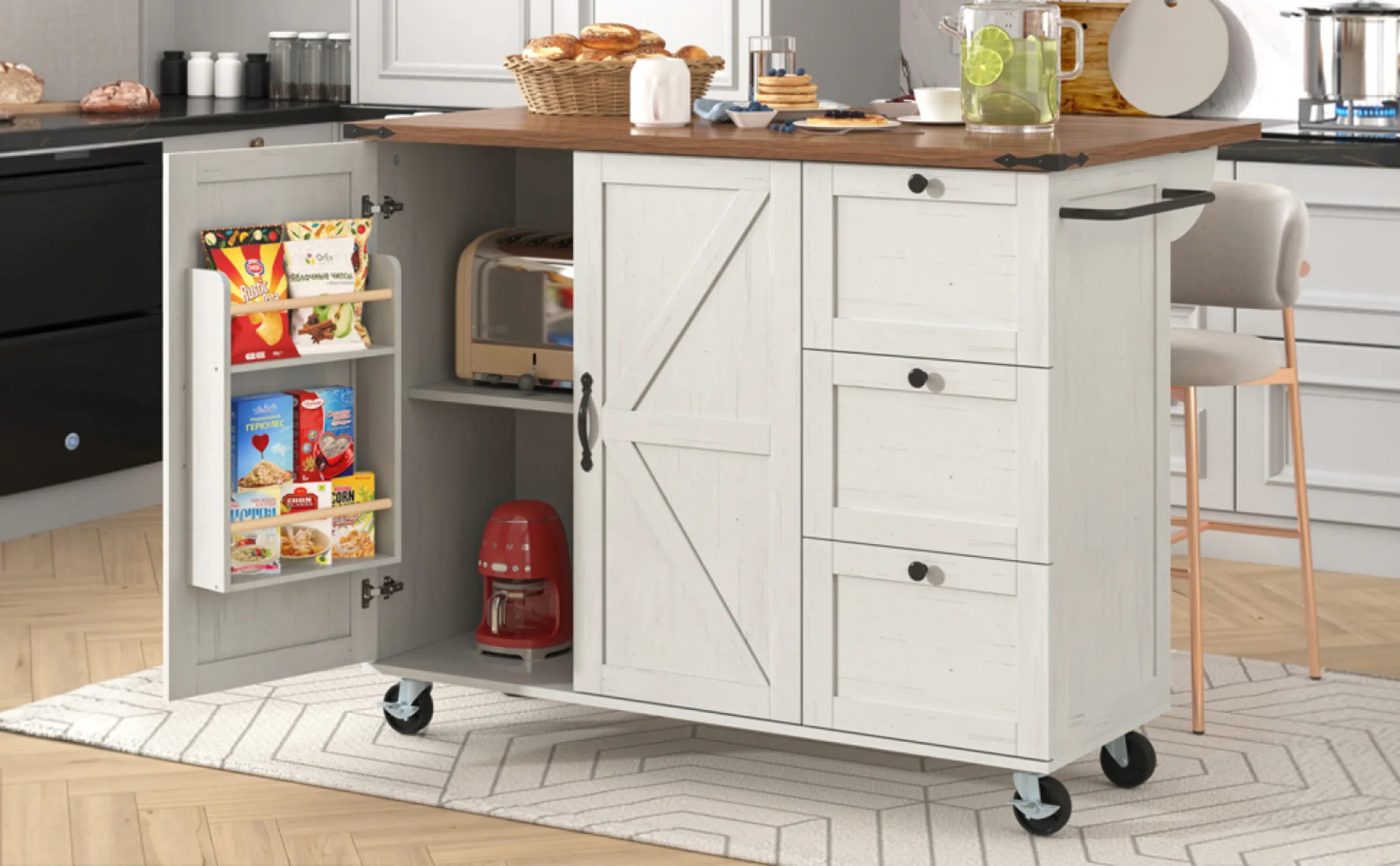 140cm Extendable Kitchen Island Trolley with Walnut Wood Grain Top - Curosa