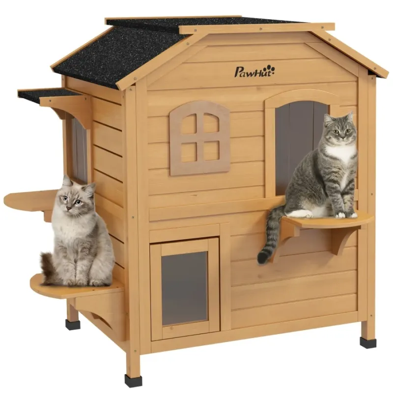 2-Storey Outdoor Wooden Cat House with Escape Door - Natural Wood Finish