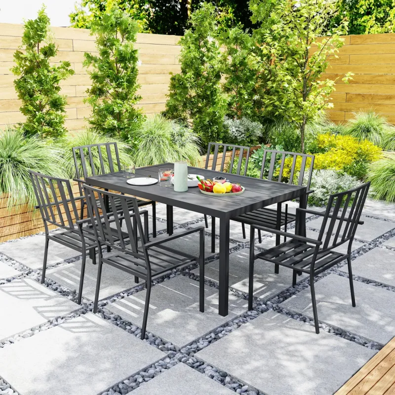  7-Piece Metal Garden Dining Set with 6 Stackable Chairs and Parasol Hole - Black