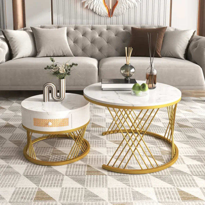 Marble Effect Nesting Coffee Tables with Rattan Drawer and Gold Legs - Set of 2