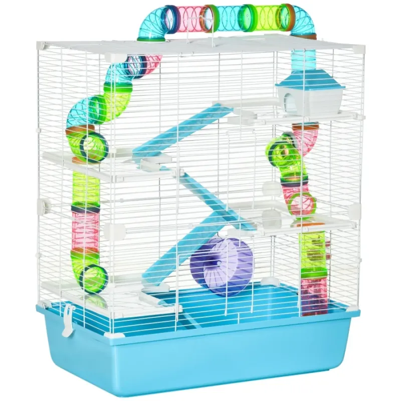 Hamster Cage with Multi-Level Play Tubes and Accessories - Light Blue