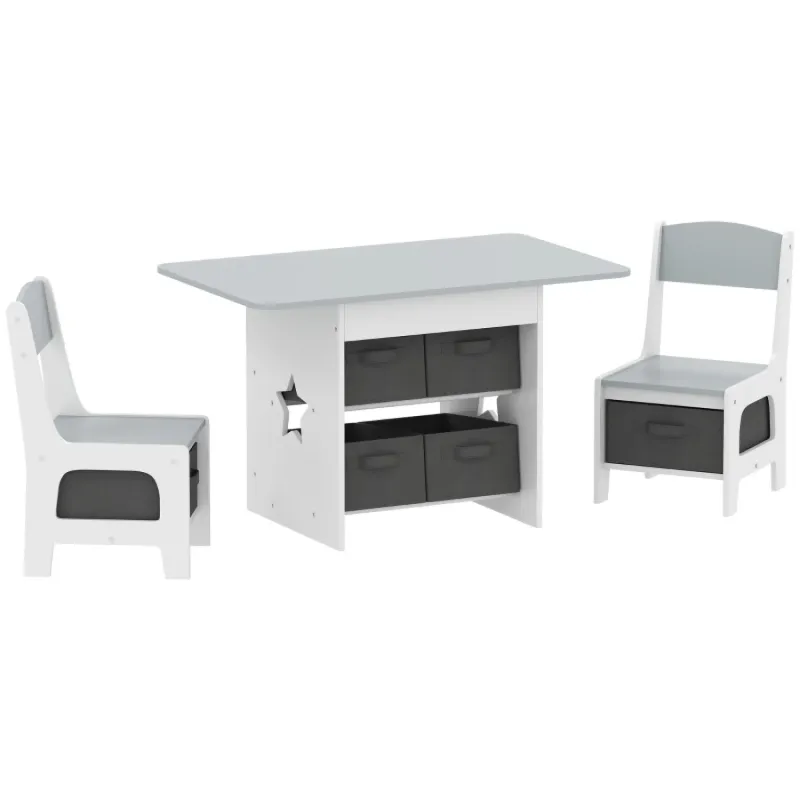 AIYAPLAY Kids Table and 2 Chairs Set with 6 Storage Drawers - Light Grey