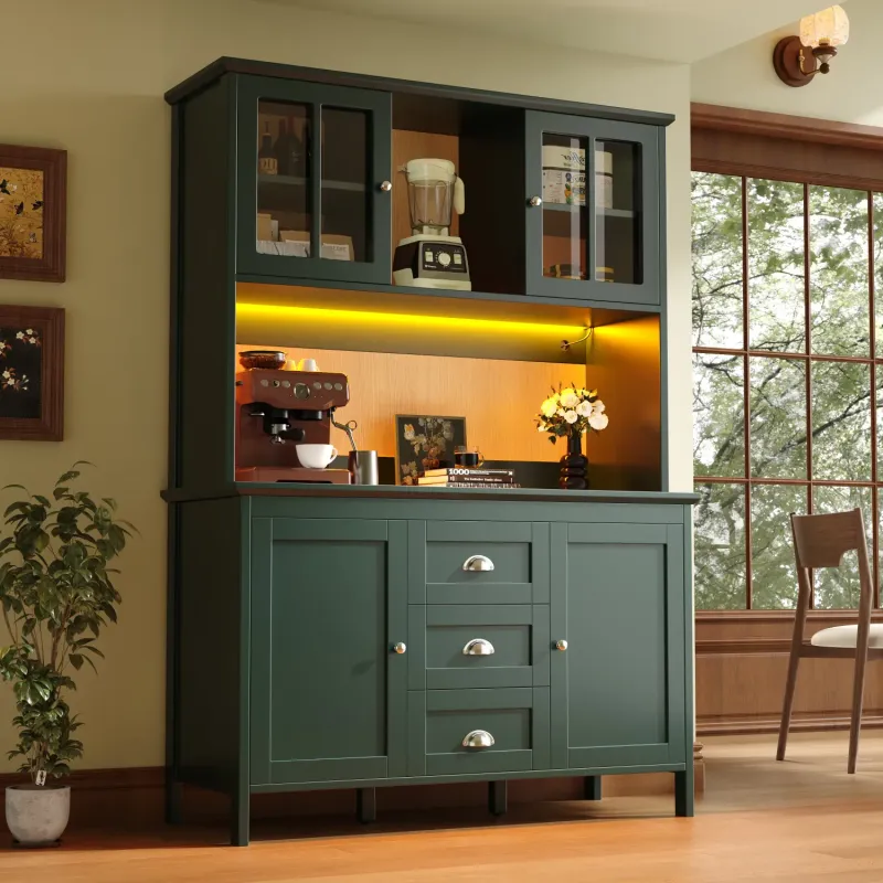 120cm Tall Kitchen Larder Cupboard with LED Lighting and 3 Drawers - Black
