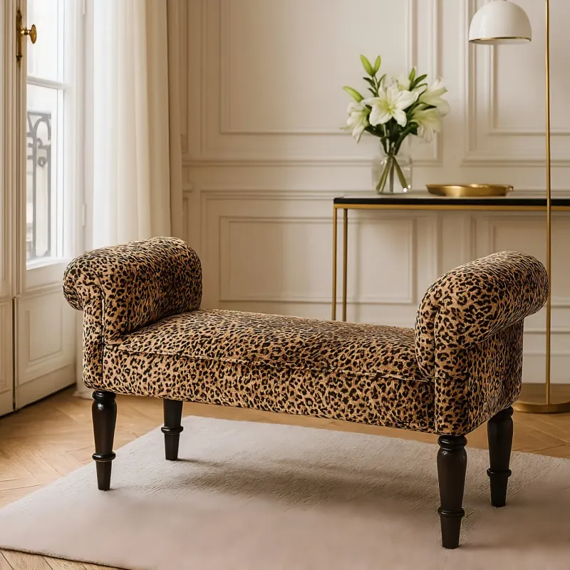 Handcrafted Leopard Print Velvet Bench in Solid Mango Wood