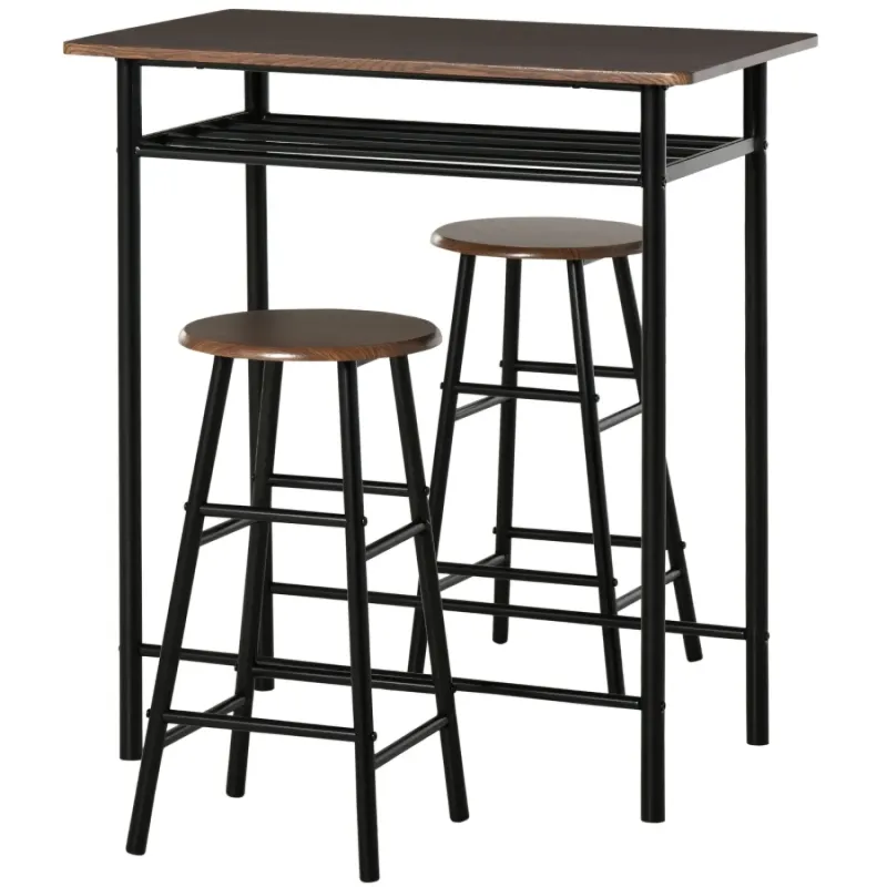 Bar Table and 2 Stools Set with Storage Shelf - Black and Oak