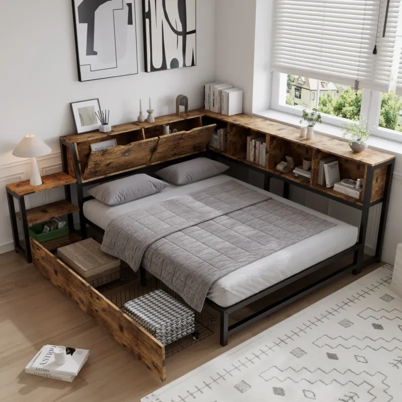 Rustic Metal 4ft6 Double Storage Bed with Bedside Shelf and 2 Drawers, Brown & Black