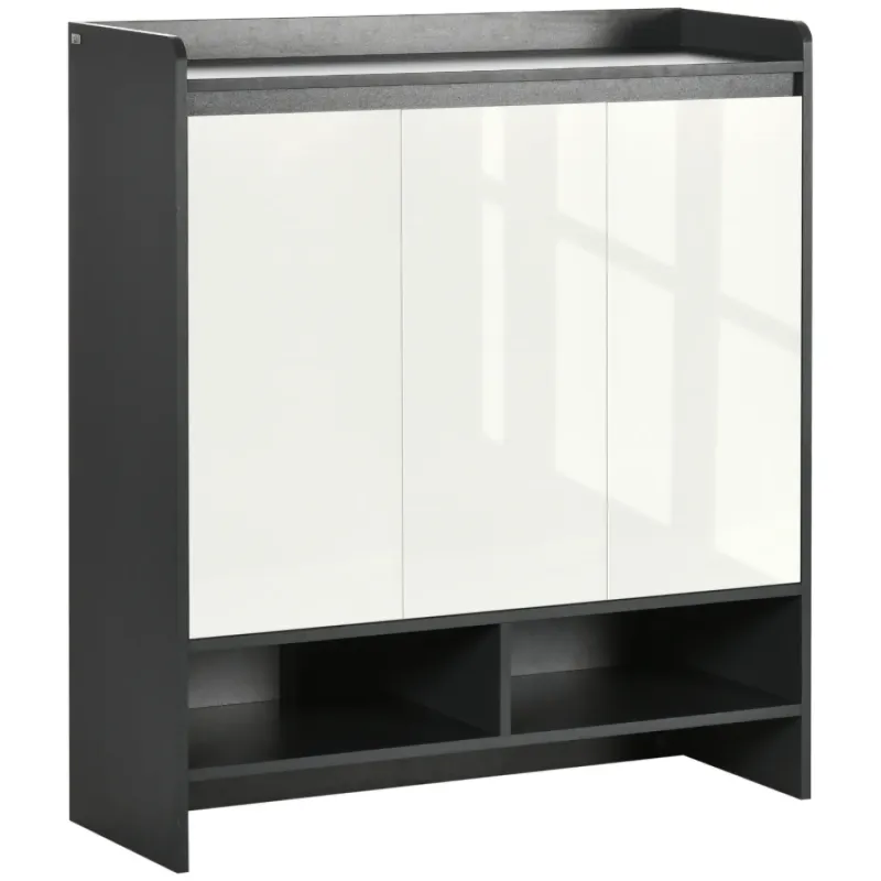 High Gloss Shoe Cabinet with White Doors and Open Shelves - Grey