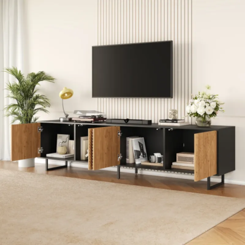 Wood and Metal TV Unit, 180cm, in Black and Oak, with Fluted Doors