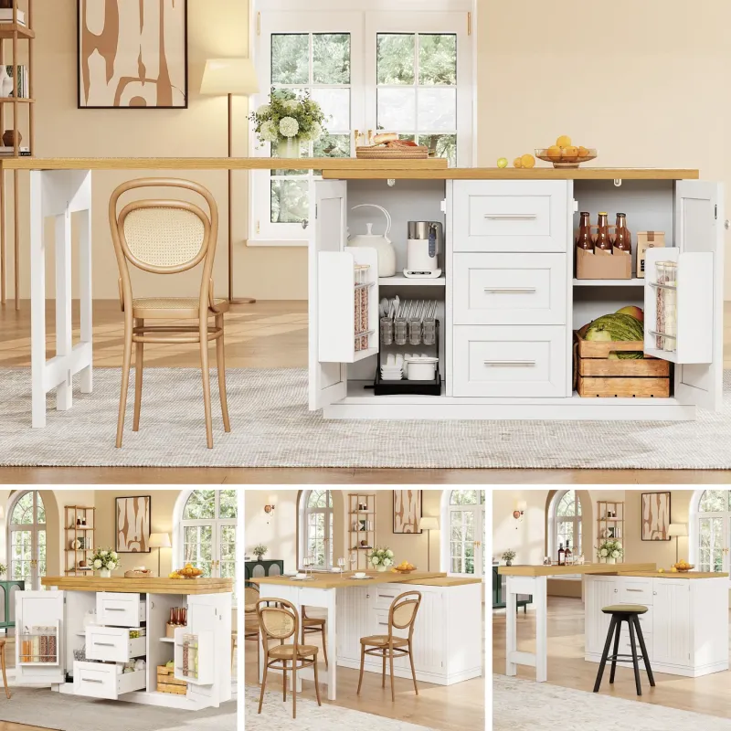 Extendable Sideboard and Dining Table with Storage, White & Antique Green