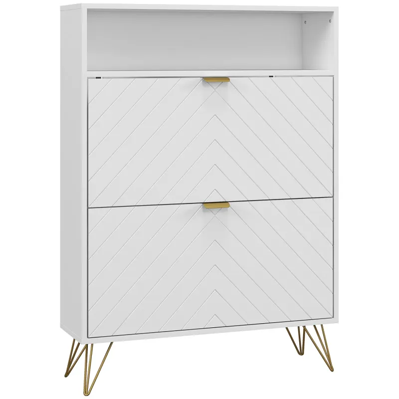 12 Pair Shoe Storage Cabinet with Chevron Detail & Gold Accents - White