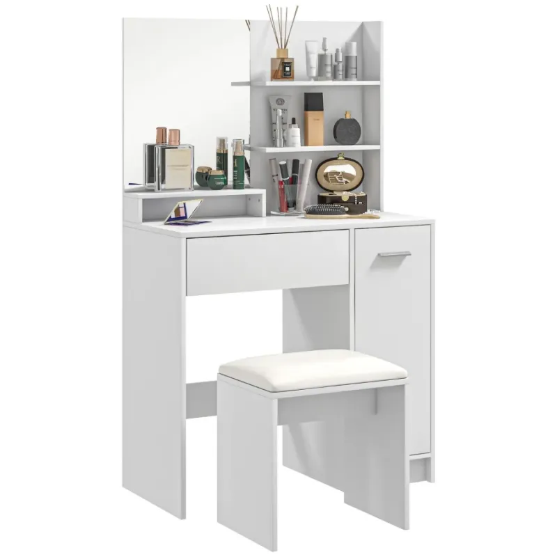 Dressing Table and Stool Set with Mirror and Storage - White