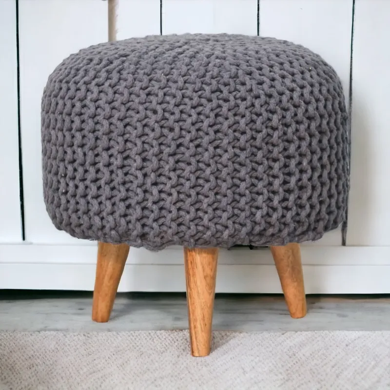 Keeva Solid Mango Wood Round Footstool, Grey Upholstered