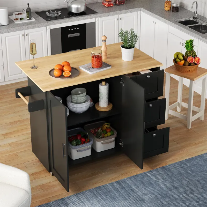 Kitchen Island Storage Trolley with Foldable Oak-Effect Worktop and 3 Drawers