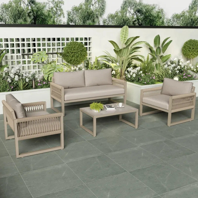 4-Seater Khaki Garden Lounge Set with Hand-Woven Rope Detail and Tempered Glass Table