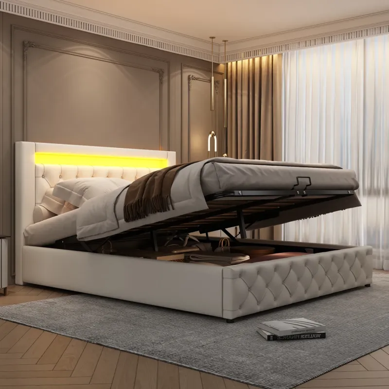 Upholstered King Size Storage Bed with LED Headboard - White PU